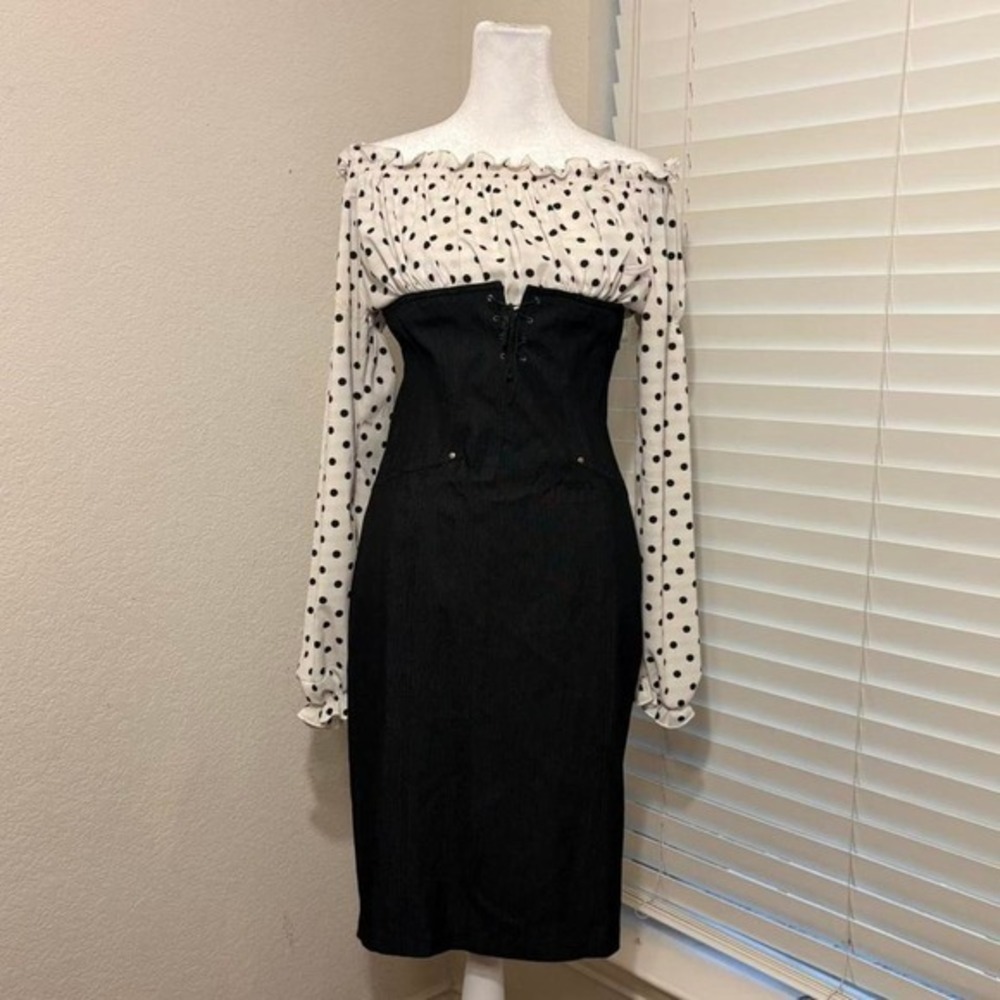 black and white off the shoulder polka dot underbust laceup‎ bodycon dress